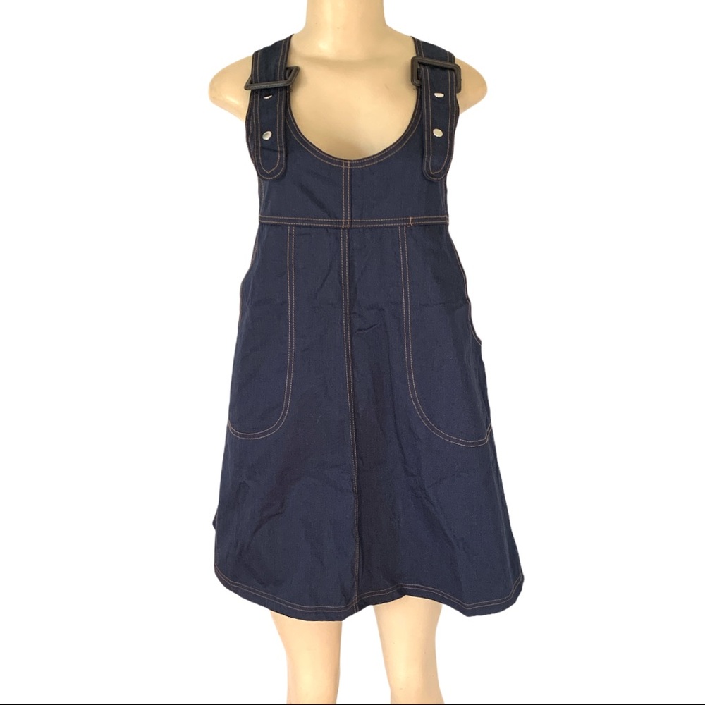 Baby Doll Denim Buckle Strap Contrast Stitch Pocket Halter A-Line Jean Dress